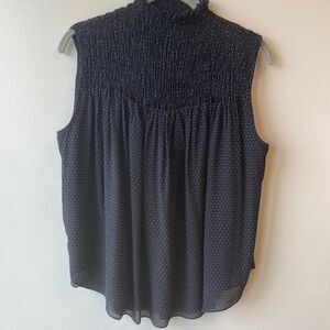 Frame Denim Black Polka Dot Sleeveless Smocked Neck Blouse